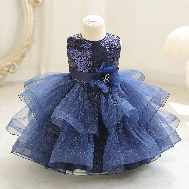 Kids Girl Fluffy Mesh Flower Dress for Baptism/Wedding