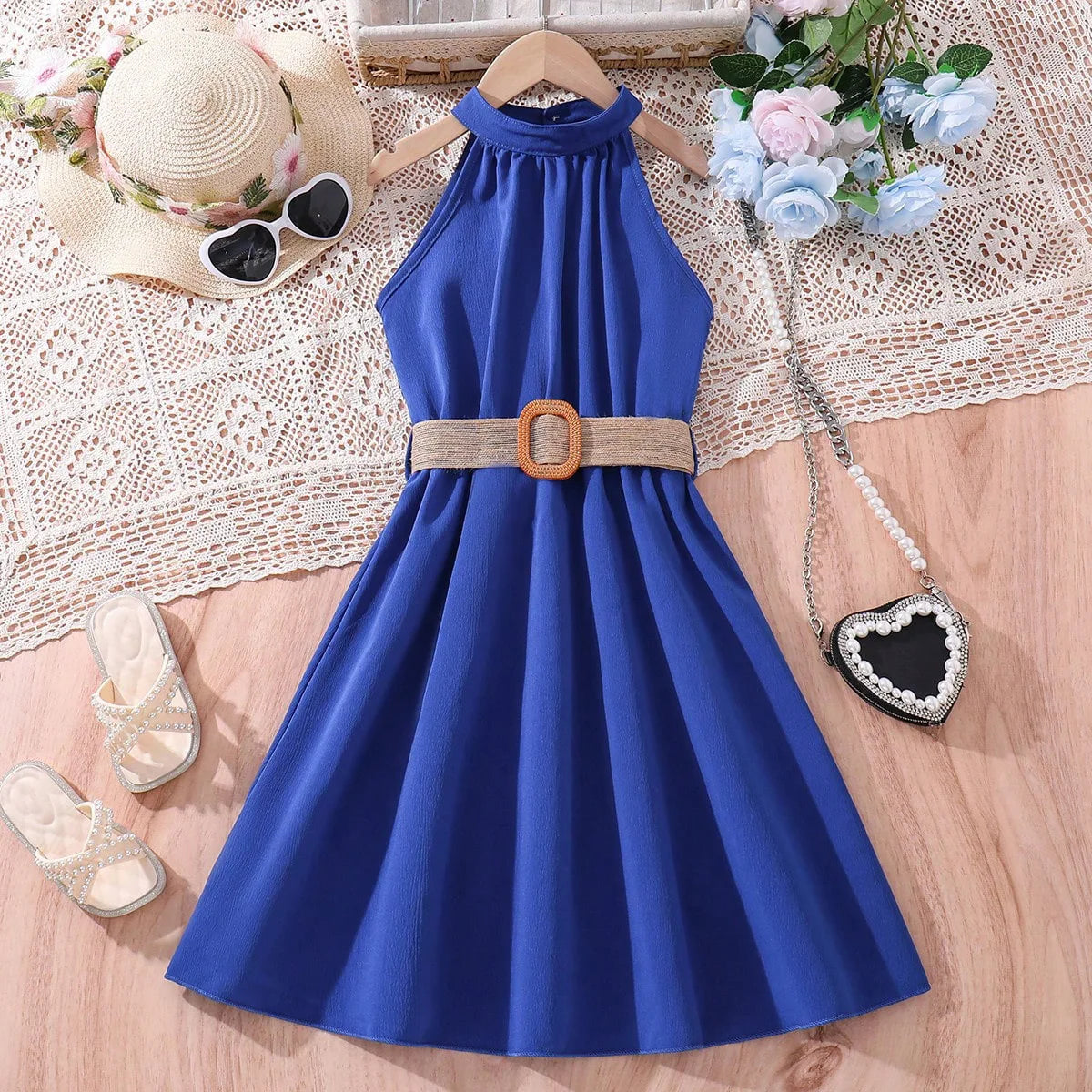 Kids Girls Off Shoulder Formal Summer Party Dresses With Belt
