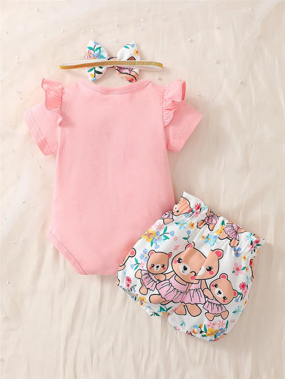 Baby Girl Cartoon Bear Print 3PCS Summer Clothes Set childrensterritory