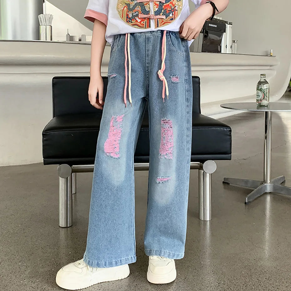Casual Style Girls Big Hole Ripped Jeans for Spring Autumn childrensterritory