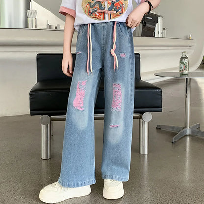 Casual Style Girls Big Hole Ripped Jeans for Spring Autumn childrensterritory
