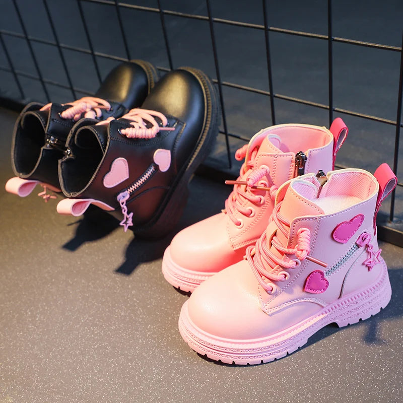 Heart Design Kids Girls British PU Ankle Boots