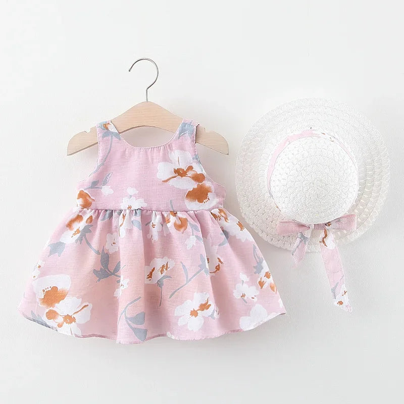 Baby Girl Big Bow Floral Princess Dress with Hat childrensterritory