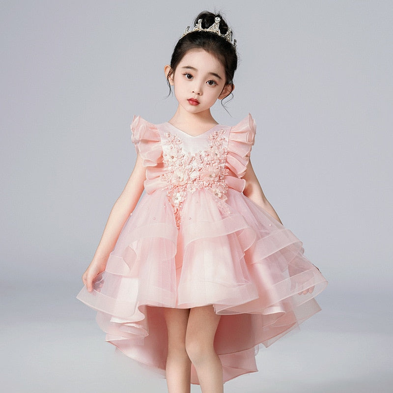 Lace Flower Embroidery Fluffy Mesh Trailing Girls Party Dresses childrensterritory