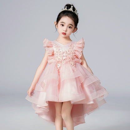 Lace Flower Embroidery Fluffy Mesh Trailing Girls Party Dresses childrensterritory