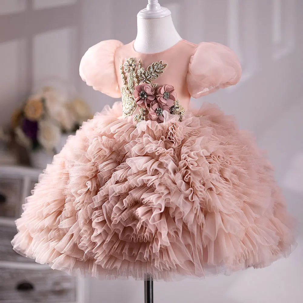 Little Girls Puffy Designer Short Sleeve Birthday Party Dresses