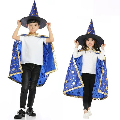 Kids Black Purple Red Carnival Cloak with Witch Hat