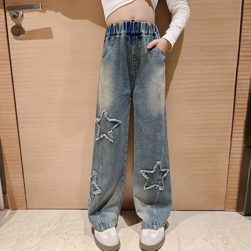 High Waist Wide-leg Kids Girls Denim Trousers childrensterritory