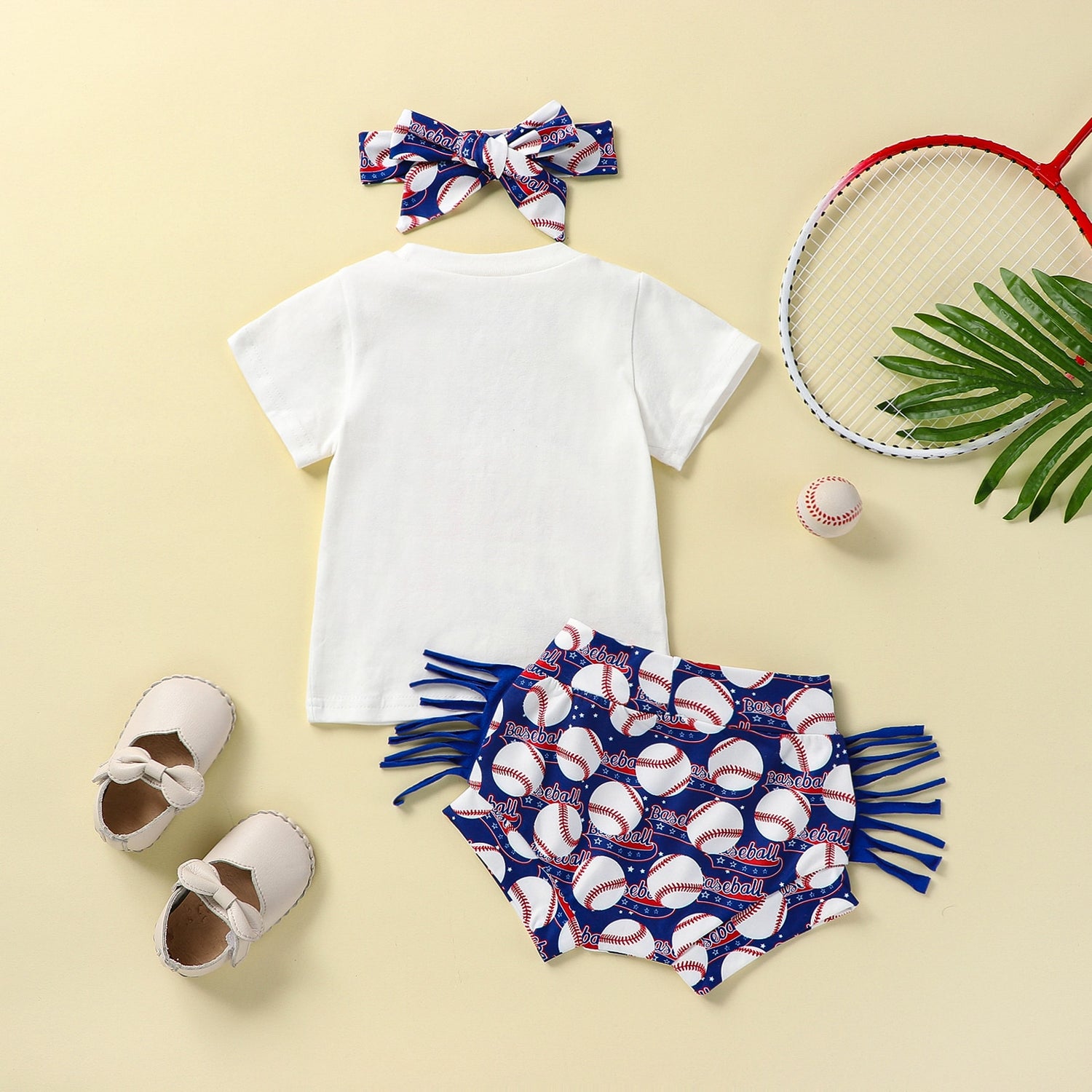 Baby Girl Letter &amp; Baseball Print Top and Tassel Shorts Set childrensterritory
