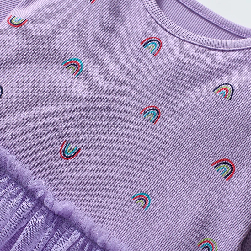 Little Girls Long Sleeves Floral and Rainbow Design Fall Dresses childrensterritory