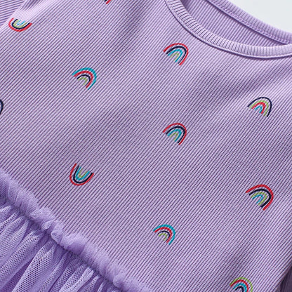 Little Girls Long Sleeves Floral and Rainbow Design Fall Dresses childrensterritory