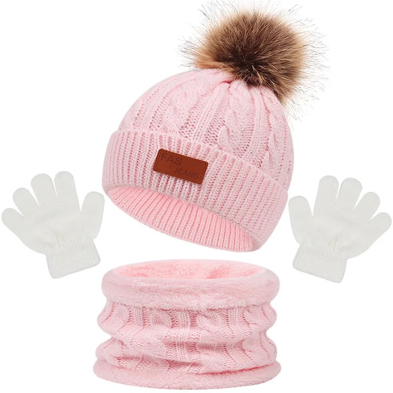 Toddler 3Pcs Cute Pompom Knitted Hats Scarf Gloves Set childrensterritory