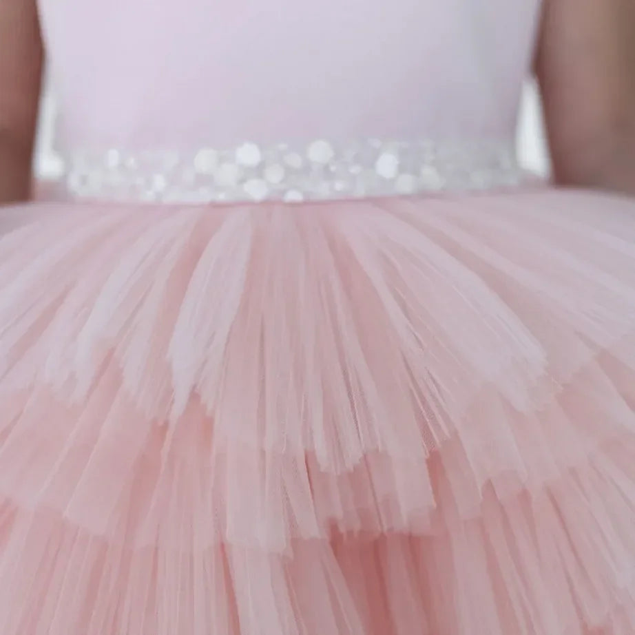 Puffy Pink Layers Skirt Wedding Party Dress for Kids Girls