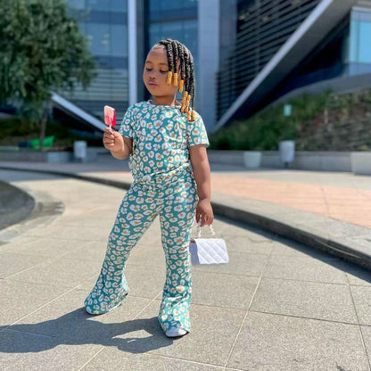 Kids Girls Daisy Green Tops + Flared Pant Boutique Outfits childrensterritory