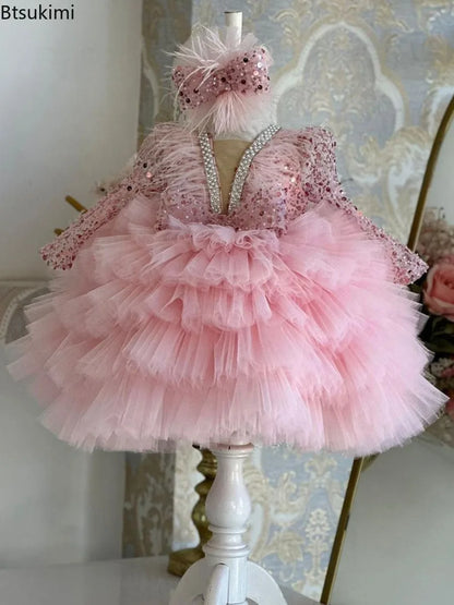 Gorgeous V-neck Sequin Design Little Girls Mesh Cake Dress