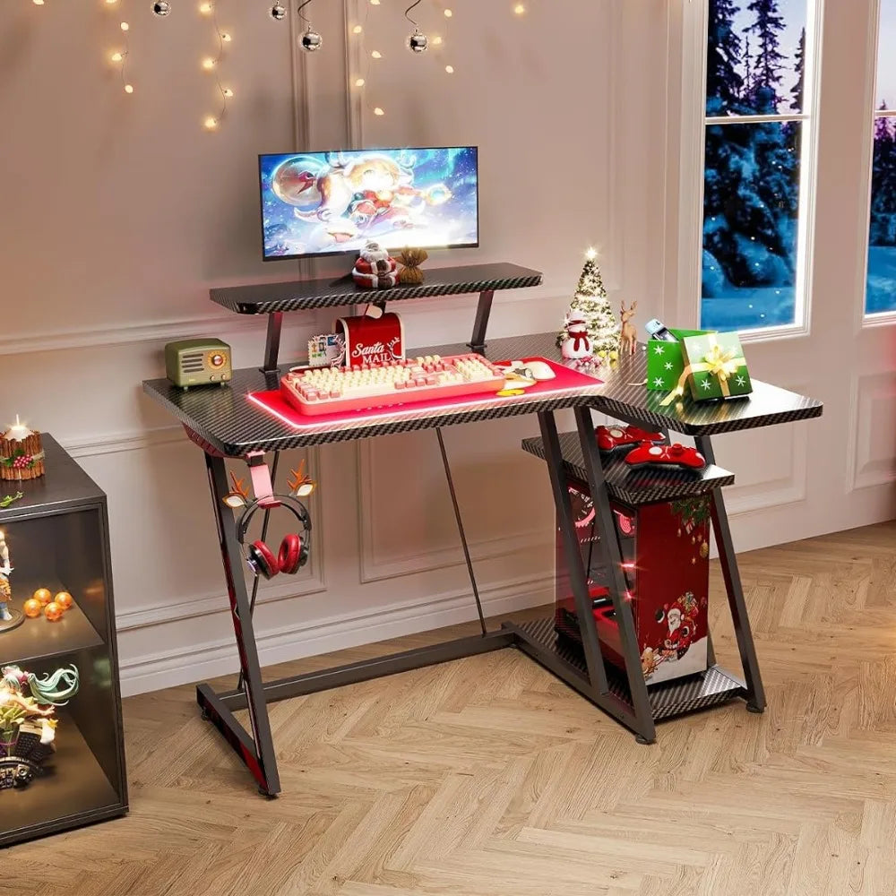 L-shaped Gaming Table with LED Lights and Storage Shelf childrensterritory