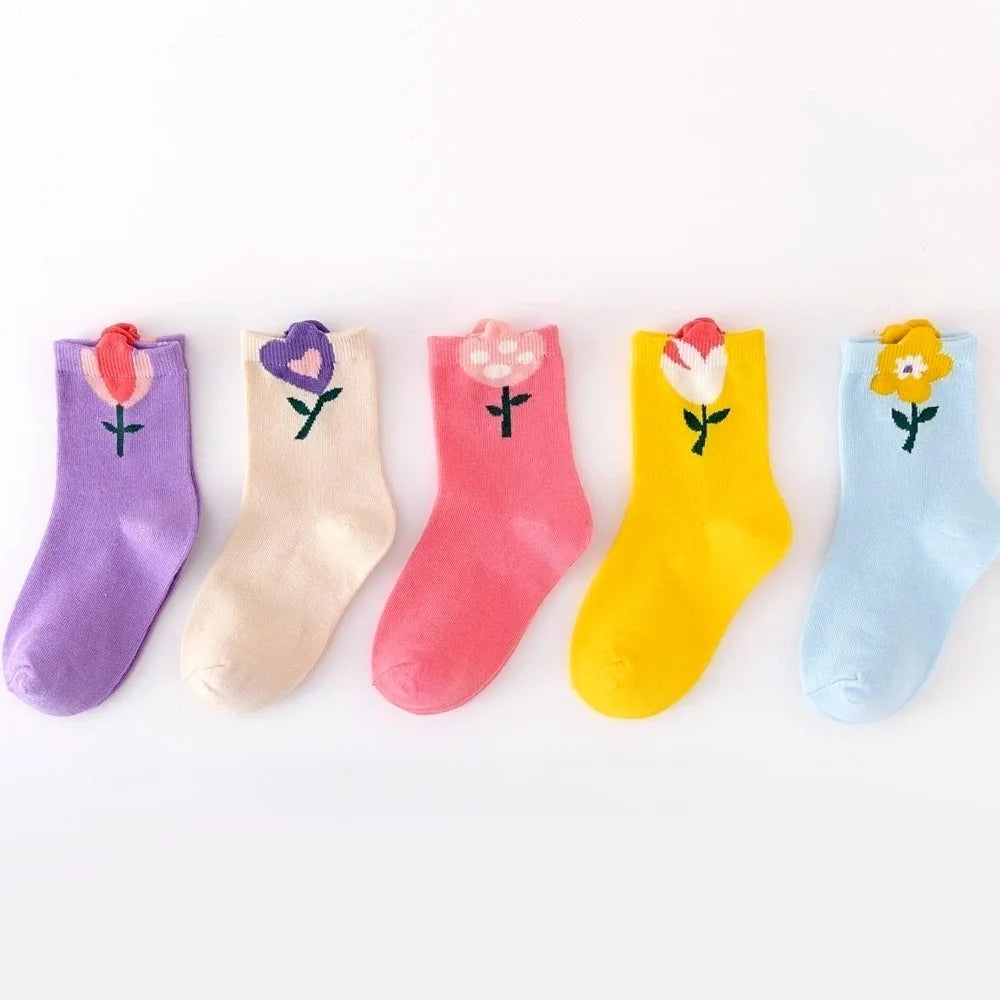 Cute Flower Cartoon Pattern 5 Pairs of Socks For Girls childrensterritory