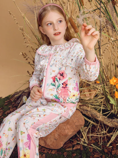 Little Girls Cartoon Flowers Print Cute Top and Pant Set childrensterritory