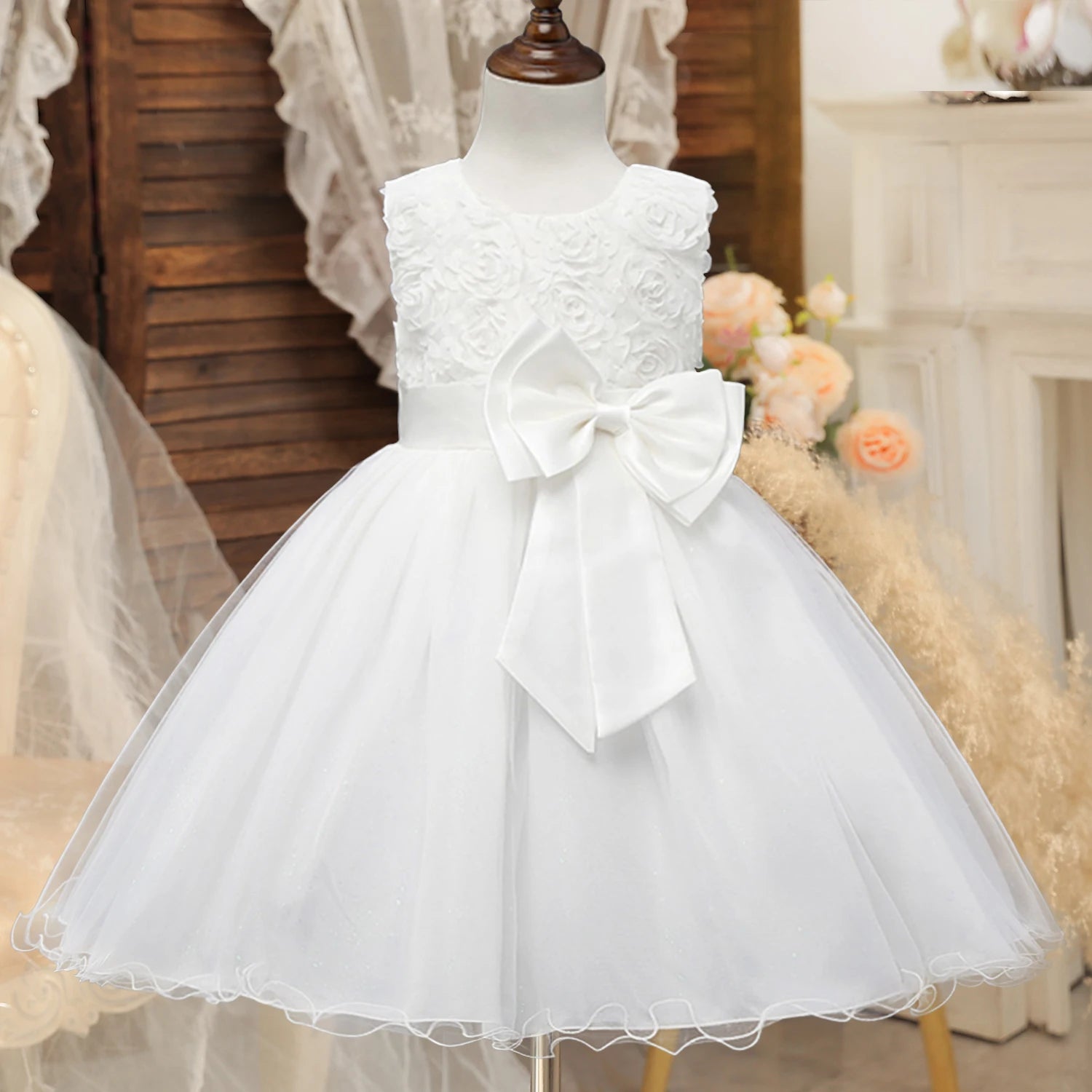 Little Girls Bow Lace Design White Baptism/Bridesmaid Dresses