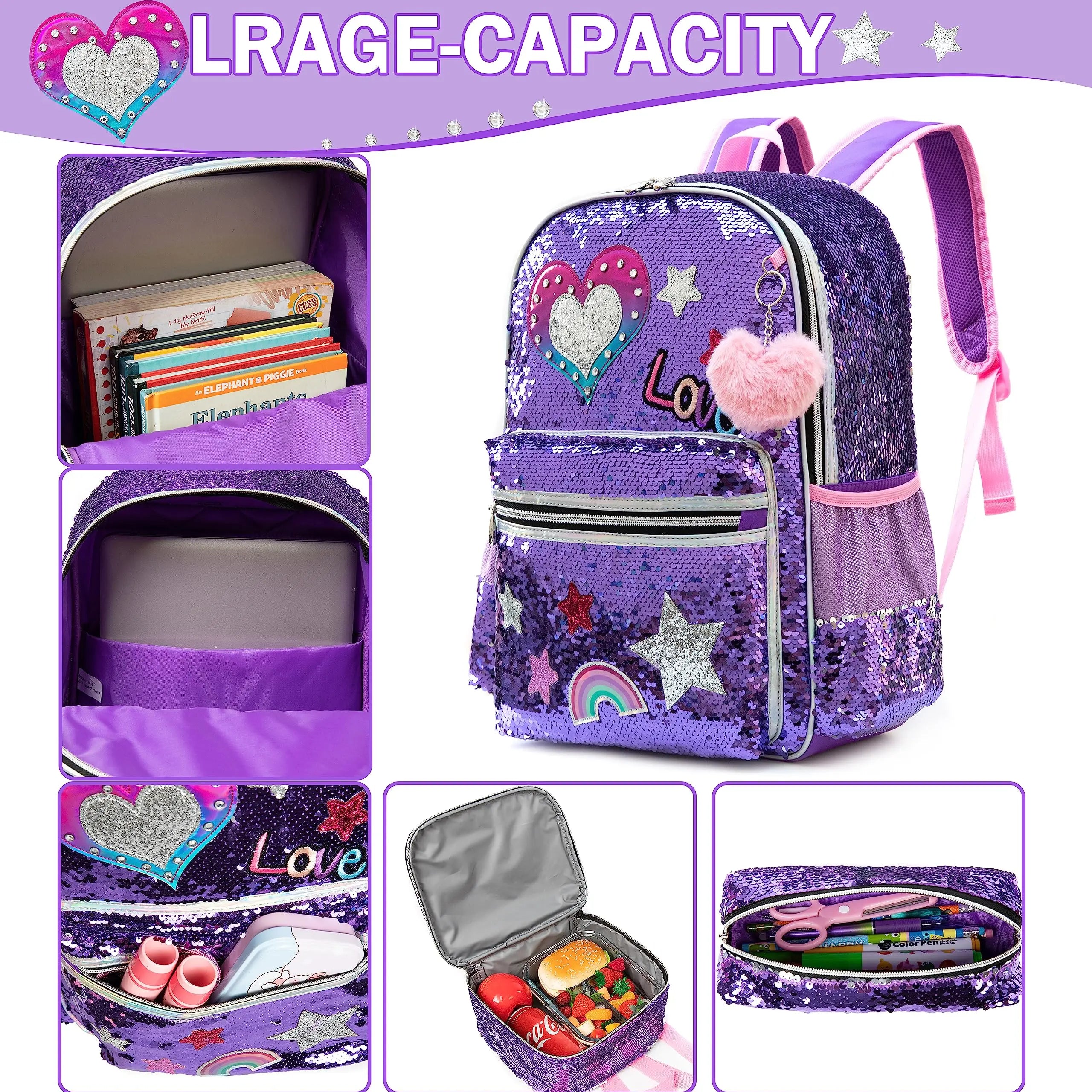 Kids Sequin Backpack with Lunch Box Pencil Case for Girls
