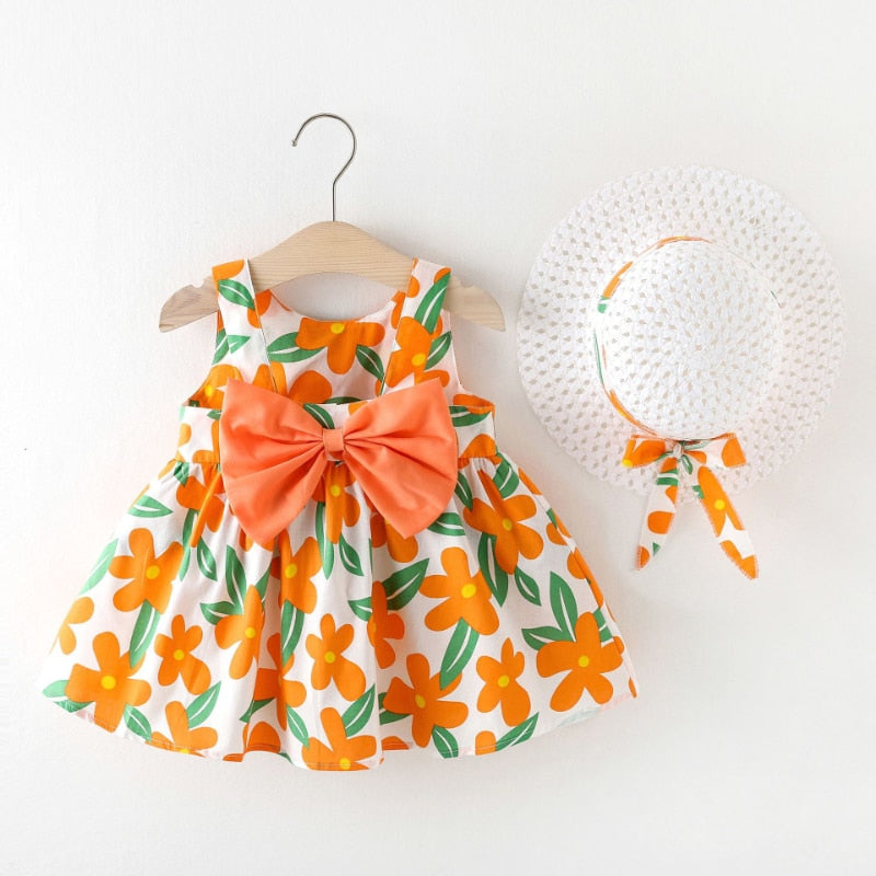 Baby Girl Floral Big Bow Designed Summer Dresses + Sunhat childrensterritory