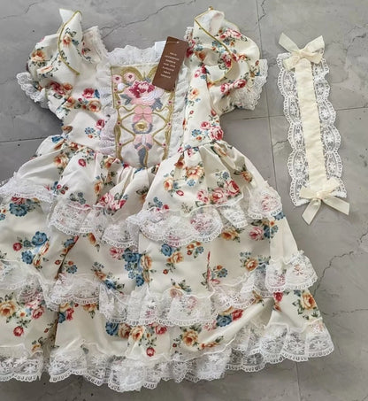 Kids Girls Floral Print Lace Patchwork Summer Princess Dress