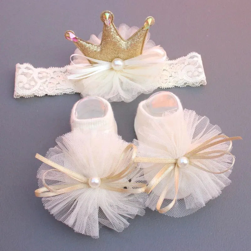 Lace Bows Design 2 Pcs/Set Crown Baby Headband Socks Set childrensterritory