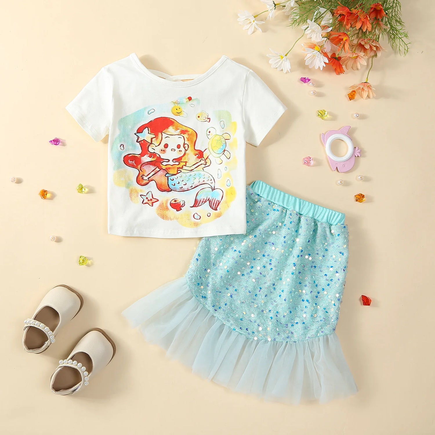 Baby/Kids Girls Cartoon Mermaid Top and Sequined Fishtail Skirt Set childrensterritory