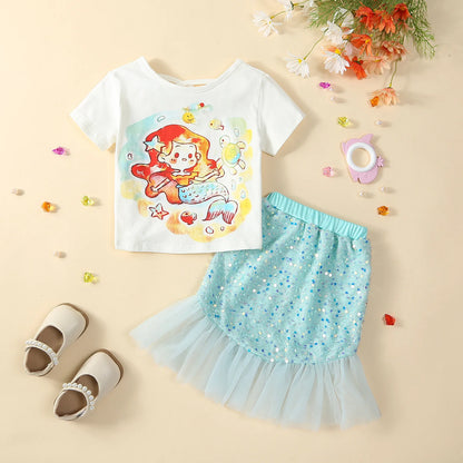 Baby/Kids Girls Cartoon Mermaid Top and Sequined Fishtail Skirt Set childrensterritory