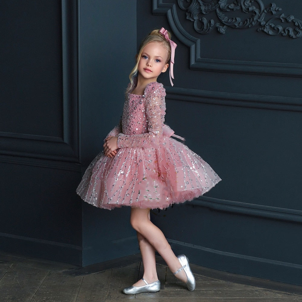 Kids Girls Layered Tulle Glitter Flower Dress with Big Bow childrensterritory