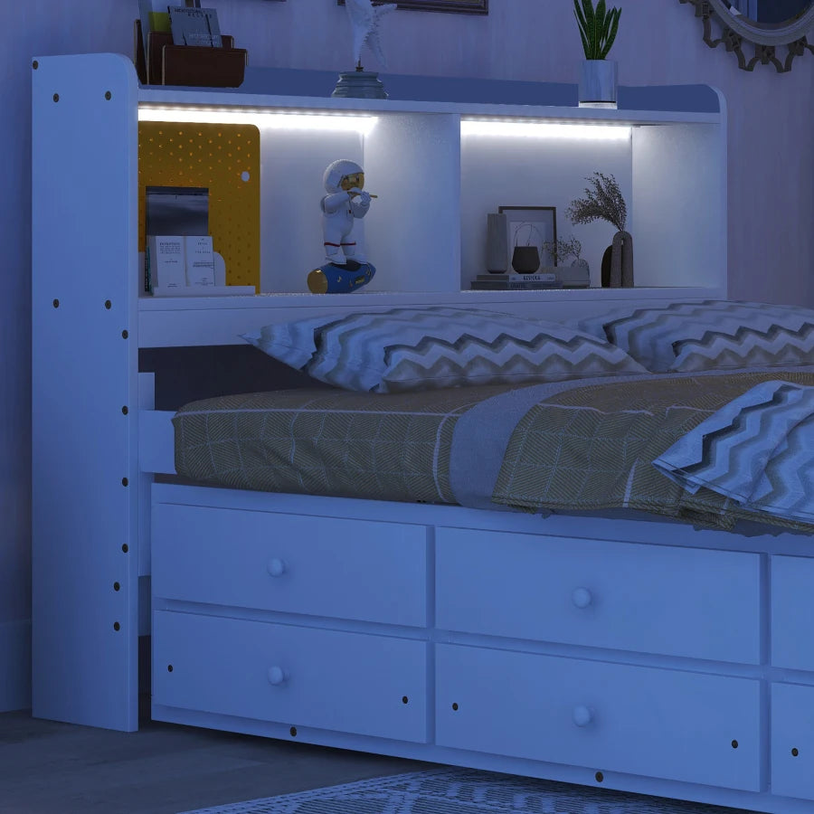 Full-size LED Bed with USB, Trundle and 3 Storage Drawers childrensterritory