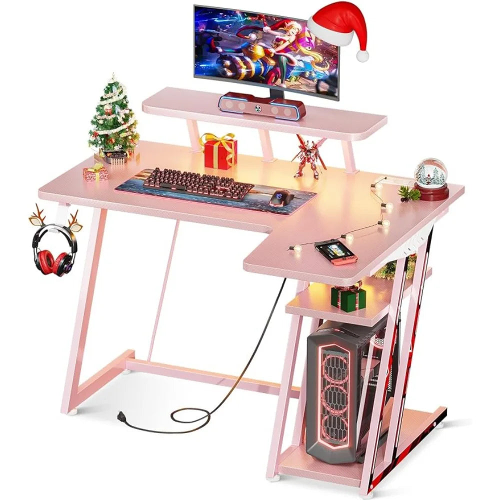 Pink L-shaped Gaming Desk with LED Lights childrensterritory