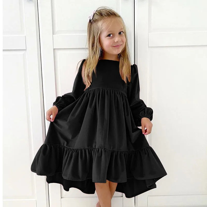 Kids Girls Velvet Long Sleeve Ruffle Hem Party Dresses