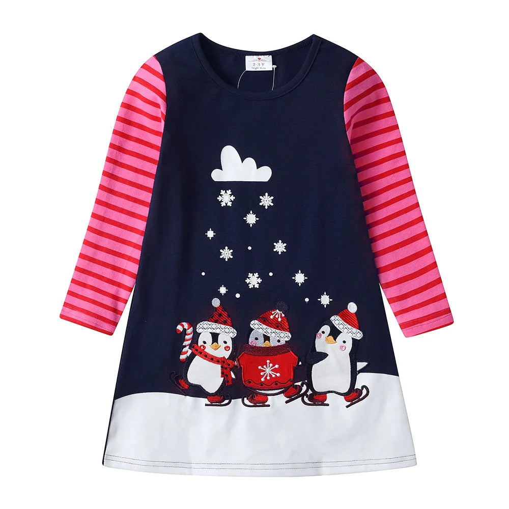 Girls Casual Printed Penguin Snowflakes Christmas Dress childrensterritory
