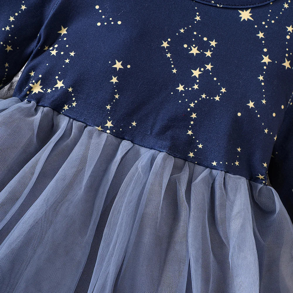 Baby Girl Stars Print Long Sleeve Mesh Princess Dress childrensterritory