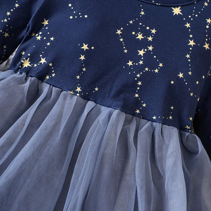 Baby Girl Stars Print Long Sleeve Mesh Princess Dress childrensterritory
