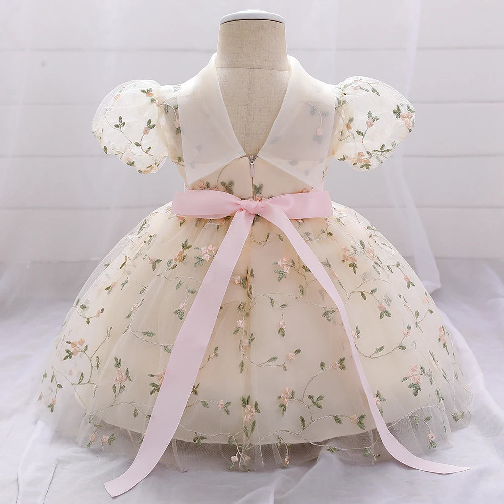 First Communion Dress with Flower Embroidery For Little Girl