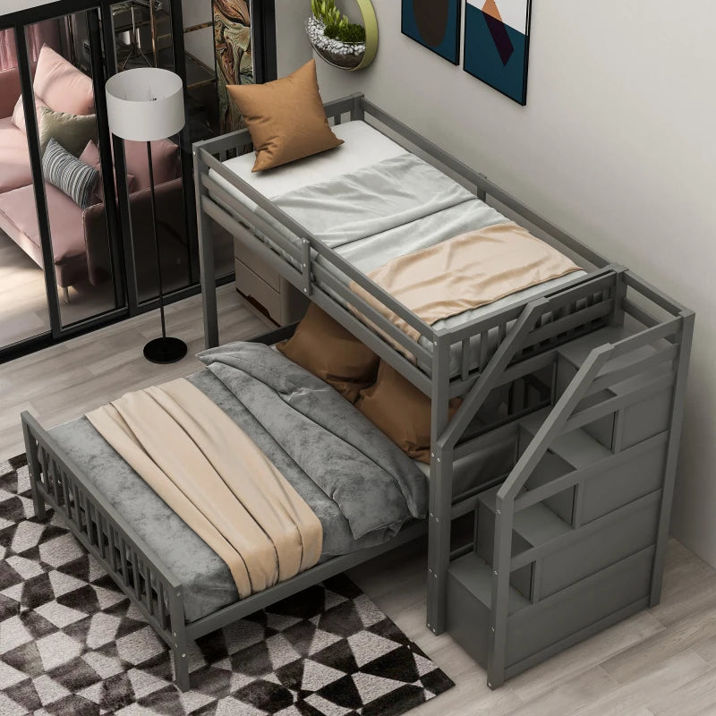 L-Shaped Twin-Over Bunk Bed with Ladder and 3 Storage Grids childrensterritory
