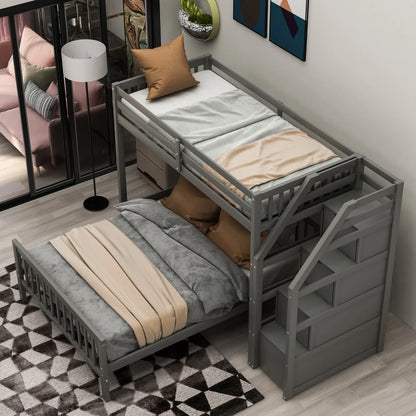 L-Shaped Twin-Over Bunk Bed with Ladder and 3 Storage Grids childrensterritory
