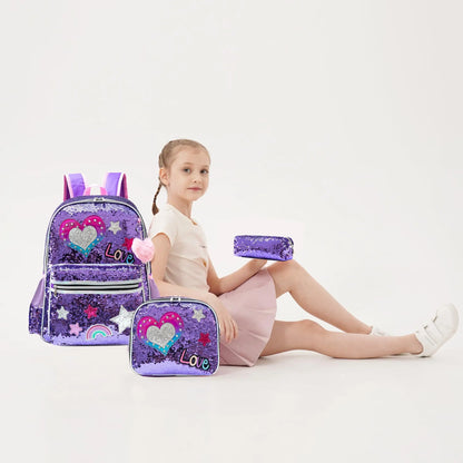 Kids Sequin Backpack with Lunch Box Pencil Case for Girls