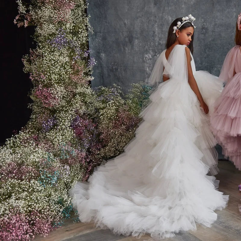 Little Girls Puffy Wedding Party Pageant Gown with Long Tail