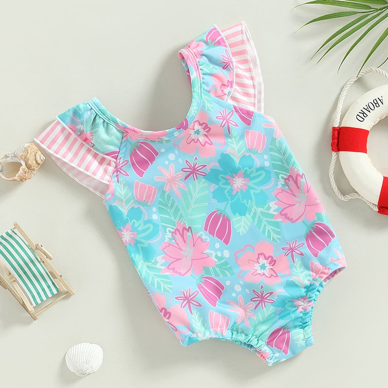 Baby Girl Ruffle Trim Floral Print Beachwear/Bodysuit childrensterritory