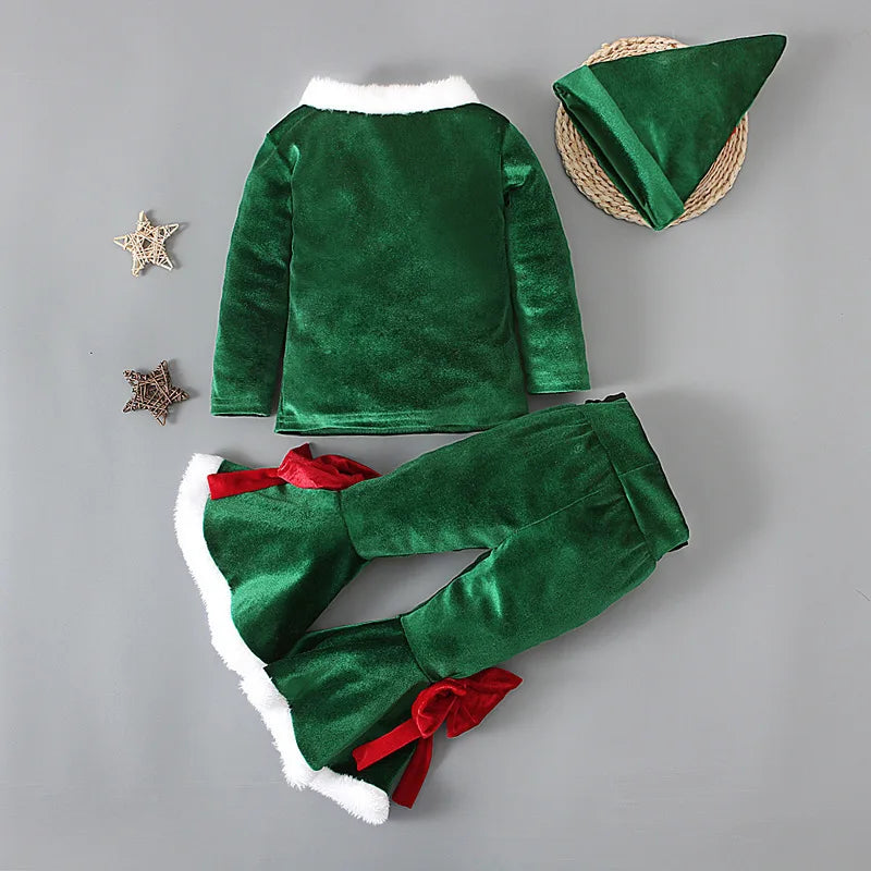 Kids Elegant Velvet Suit with Bell Bottom Pants for Christmas