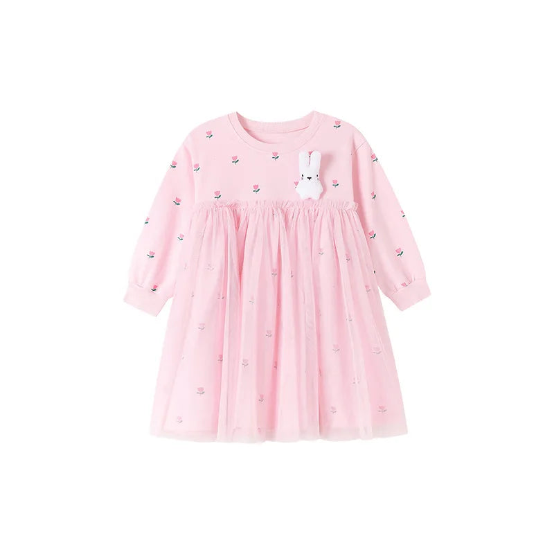 Long Sleeves Flower Design Girls Mesh Dress