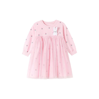 Long Sleeves Flower Design Girls Mesh Dress