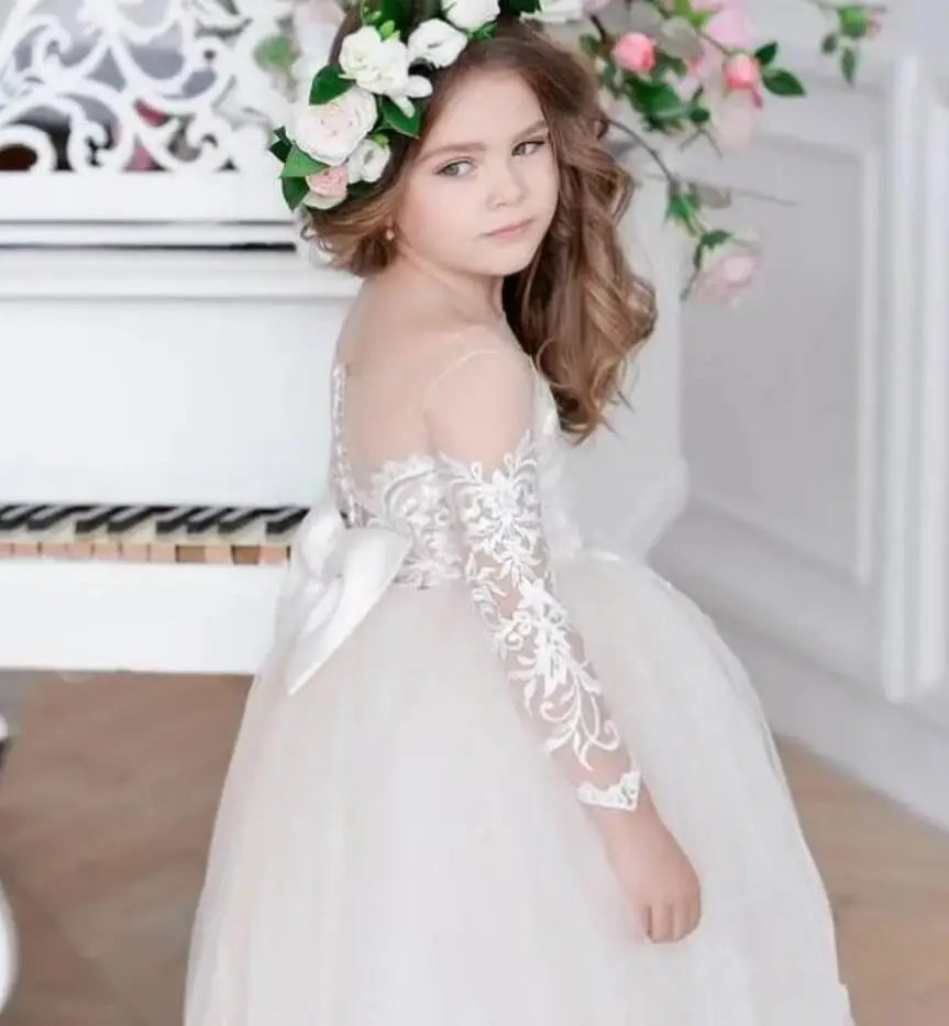 Lace Appliques Sheer Neck Design Flower Girl Dress childrensterritory