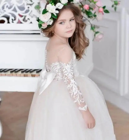 Lace Appliques Sheer Neck Design Flower Girl Dress childrensterritory