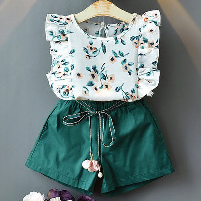 Kids Girls Cotton T-Shirt + Pant Summer 2 Piece Sets