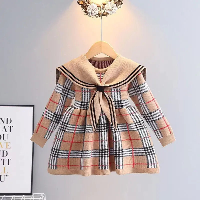 Kids Girl Plaid Knitted Sweater Dress with Bow Military Style