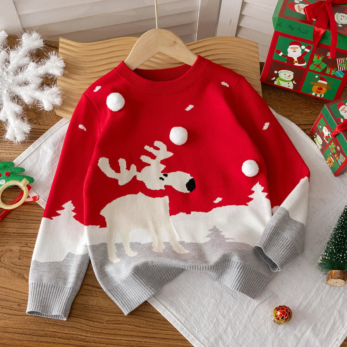 Kids Round Neck Christmas Design Warm Sweater